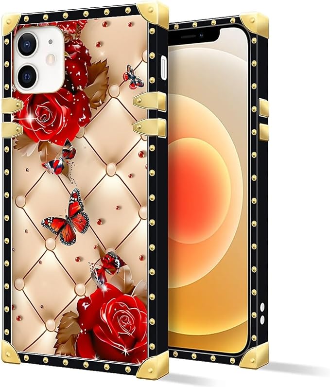Compatible with iPhone 11 Case, Shining Red Rose Butterfly Leather Background Luxury Golden Decoration for Girl Women Soft TPU Shockproof Protective Hard PC Back for iPhone 11