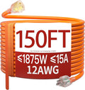 150 FT 12 Gauge Extension Cord Outdoor, Heavy Duty Weatherproof & Flame Retardant Orange 3 Prong Power Cord with Light, Outside for Lawn & Garden, 15 Amps 1875 Watts 125 VAC 12AWG SJTW, ETL Listed