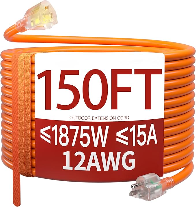 150 FT 12 Gauge Extension Cord Outdoor, Heavy Duty Weatherproof & Flame Retardant Orange 3 Prong Power Cord with Light, Outside for Lawn & Garden, 15 Amps 1875 Watts 125 VAC 12AWG SJTW, ETL Listed