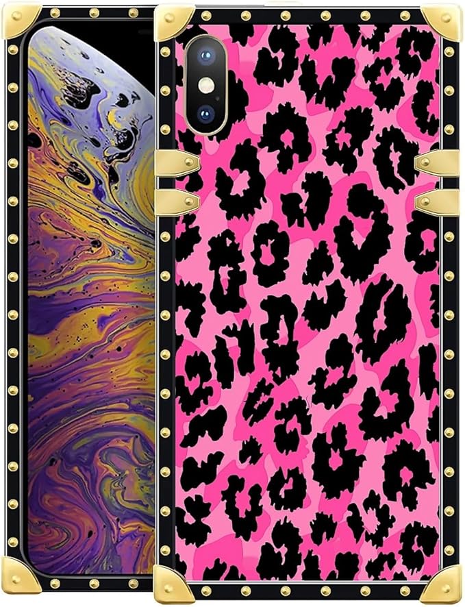Compatible with iPhone XR Case, Pink Black Leopard Luxury Golden Decoration for Girl Women Soft TPU Shockproof Protective Hard PC Back for iPhone XR