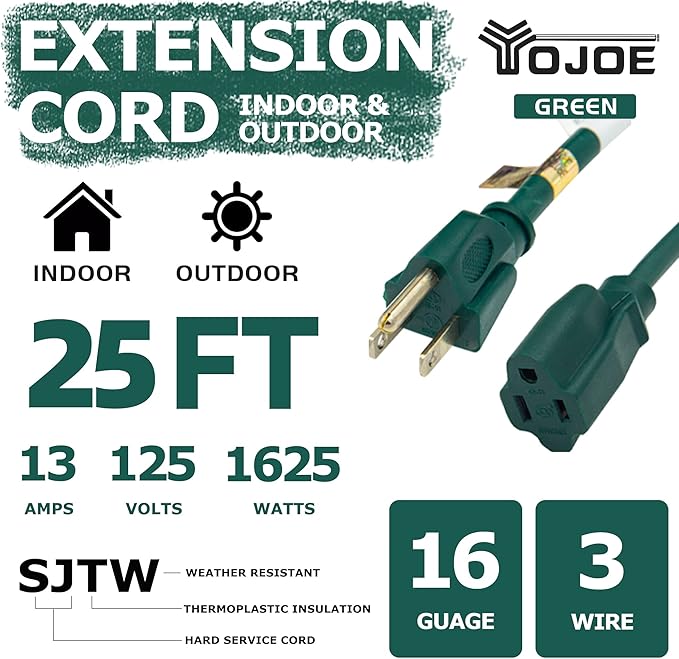 YOJOE Indoor Outdoor Extension Cord, 3 Prong 13A Weatherproof Power Cord, 16 Gauge Heavy Duty 25 ft Green Extension Cord for Garage, Garden and Home, 16/3 SJTW UL Listed