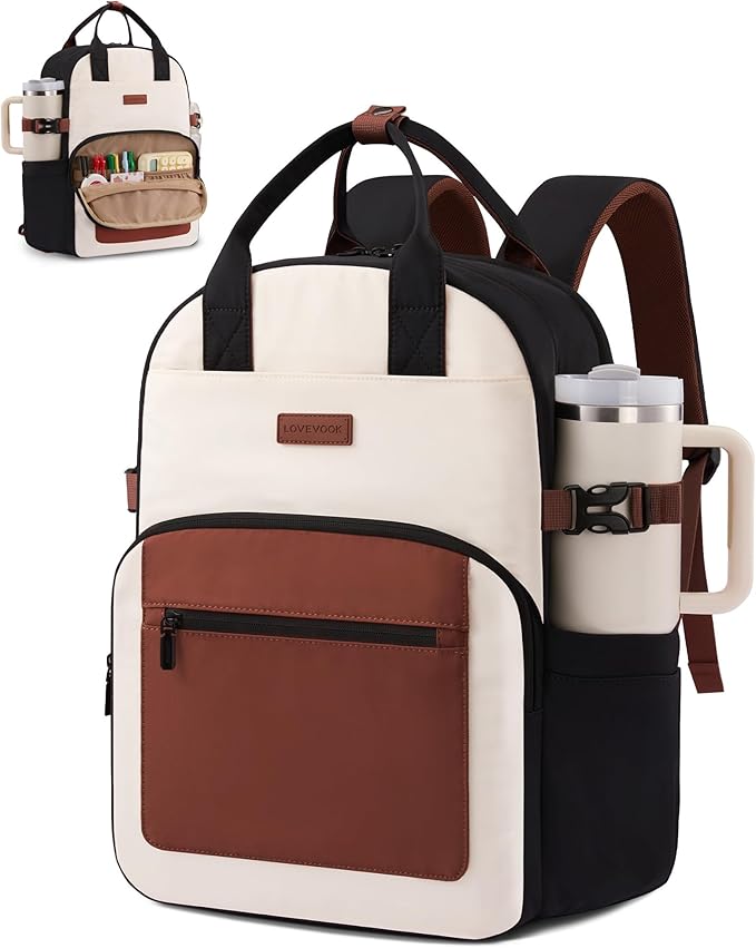 LOVEVOOK Laptop Backpack for Women - Stylish Work Backpack with Large Cup Holder, Waterproof College Teacher Backpack, Beige-Brown, 15.6Inch