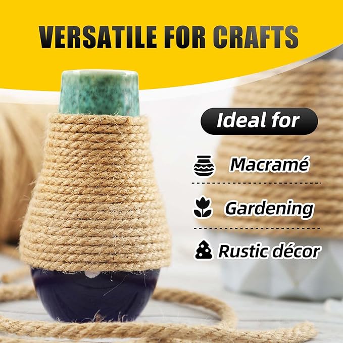Natural Jute Twine, 8MM x 50FT Jute Rope Roll, Heavy Duty Thick Twine for Cat Scratching Post, Bundling, Gardening and DIY Crafts