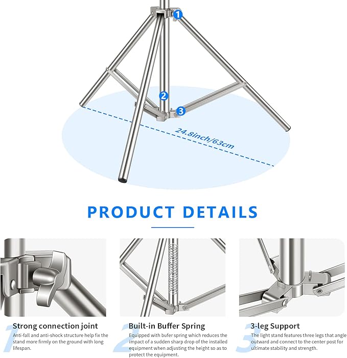 NEEWER 79"/2m Stainless Steel Light Stand, Spring Cushioned Heavy Duty Photography Tripod Stand with 1/4” to 3/8” Universal Screw Adapter for Strobe, LED Video Light, Ring Light, Monolight, Softbox