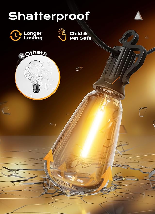 Brightown Outdoor String Lights, 180FT 60+2 LED ST38 LED Patio Lights Shatterproof, Dimmable IP65 Waterproof Connectable Hanging Outdoor Light for Backyard, Porch, Deck, Balcony