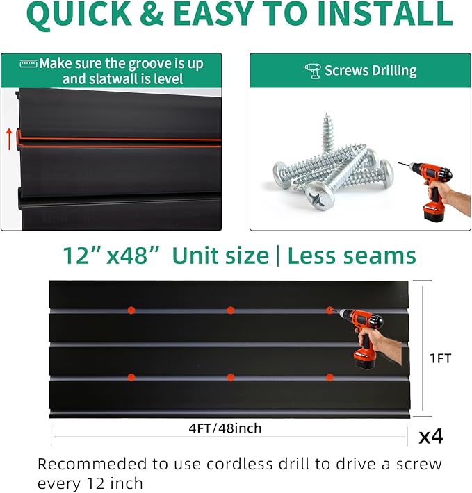 FRAYSCENT Slat Wall Paneling Garage Slat Wall Storage Systems Slatwall Panels Power Tool Organizer Wall Mount, PVC Garage Storage & Organization Products Slate Board (Black, 4ft x 4ft)