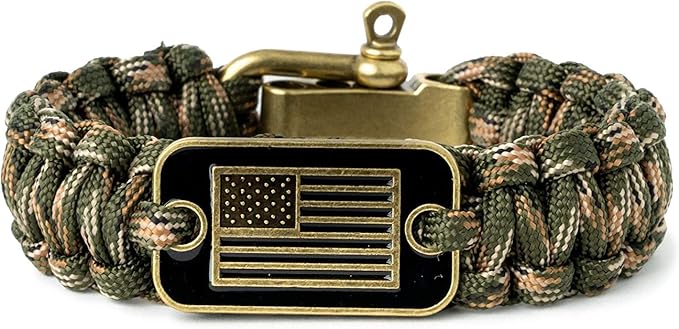 Hero Company Camo Paracord Bracelet - Tactical Survival Bracelet for Men with Bronze USA Flag - Helps Pair Military Veterans with a Companion Dog