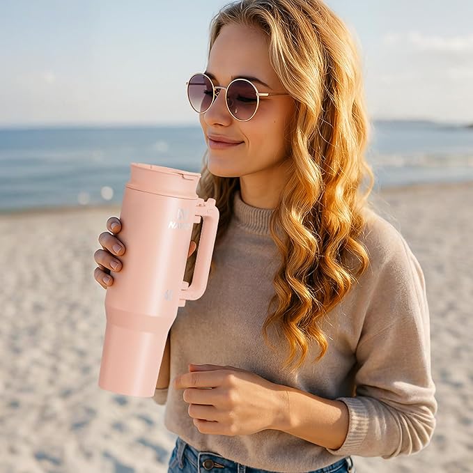NAYAD 40oz Gift For Mom Tumbler with Handle and Straw Insulated Stainless Steel Travel Mug, Flip Lid & Straw Lid, Folding Handle, Cupholder Compatible, Leakproof Water Bottle for Travel (Pink)