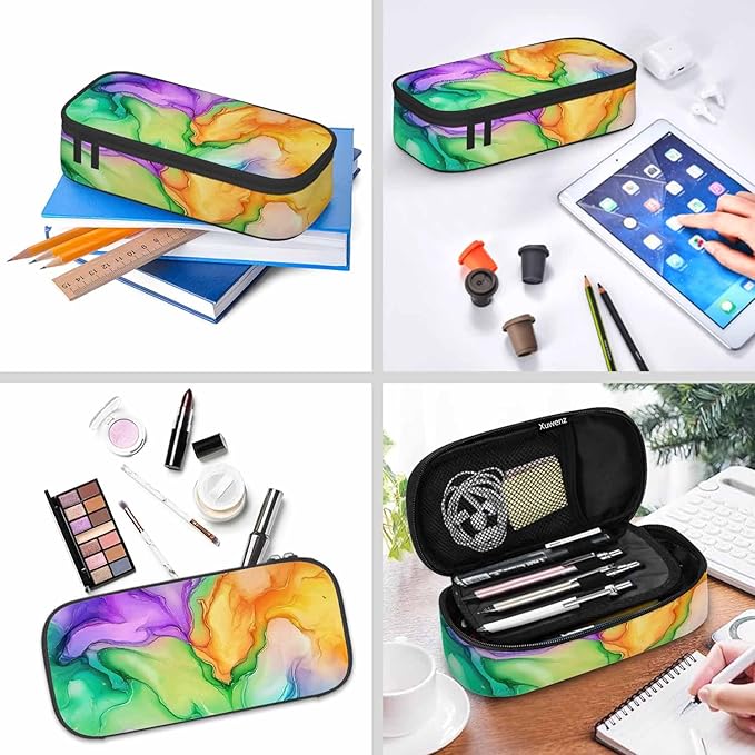 Abstract Print Pencil Case Colorful Fluid Waves Golden Swirls Pencil Bag Pouch Box Organizer for College School Students Boy Girl