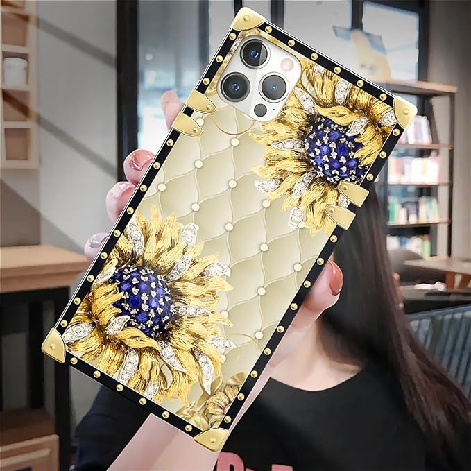Compatible with iPhone 12 Pro Max Case, Sunflower Diamonds Leather Luxury Golden Decoration for Girl Women Soft TPU Shockproof Protective Hard PC Back for iPhone 12 Pro Max
