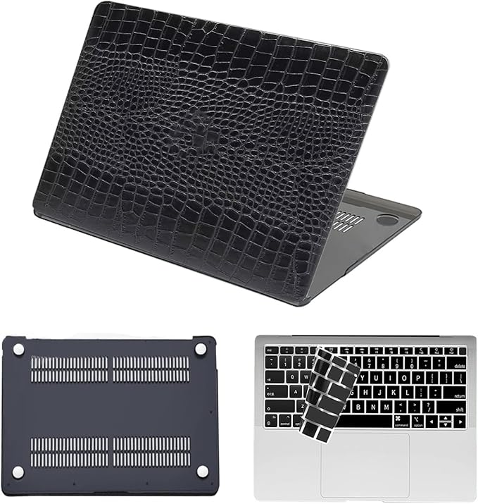 Hard Case for New MacBook Air 13 inch M2 M3 M4 2022 2024 2025 Release (Model A3240 A3113 A2681),13.6" Leather Case Cover & Keyboard Cover for Laptop Air 13.6",Black Crocodile Skin