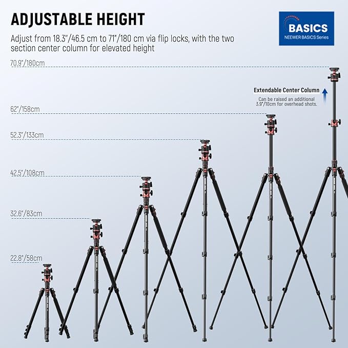 NEEWER Basics 70.9" Camera Tripod Monopod with Center Column & Ball Head, Quick Release Overhead DSLR Cell Phone Holder Stand Compatible with iPhone Travel Video Recording, 17.6 lbs Max Load, TP16