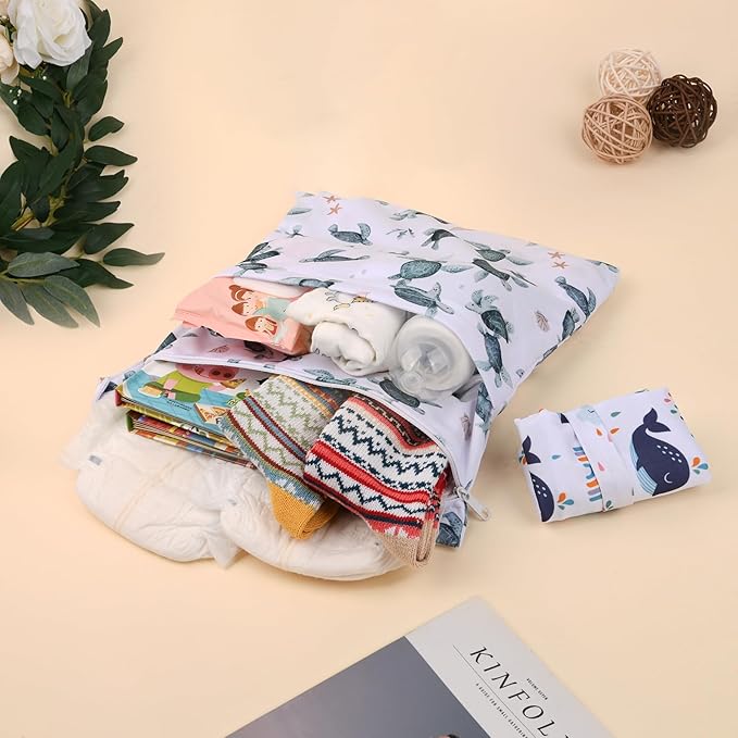 Wet Dry Bags 2-Pack with Cute Dolphin Print - Waterproof Travel Organizer for Swimming Pool Beach Gym Baby Cloth Diapers Swimwear with Dual Zippers