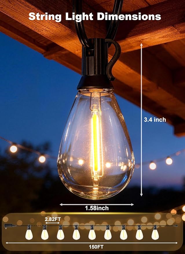 150FT Outdoor String Lights Waterproof, 50+2 Shatterproof S11 LED Bulbs, Extra Long Patio Lights for Outside, Bistro Cafe Decor, Backyard Garden Hanging Lights, Outside Fence Light String