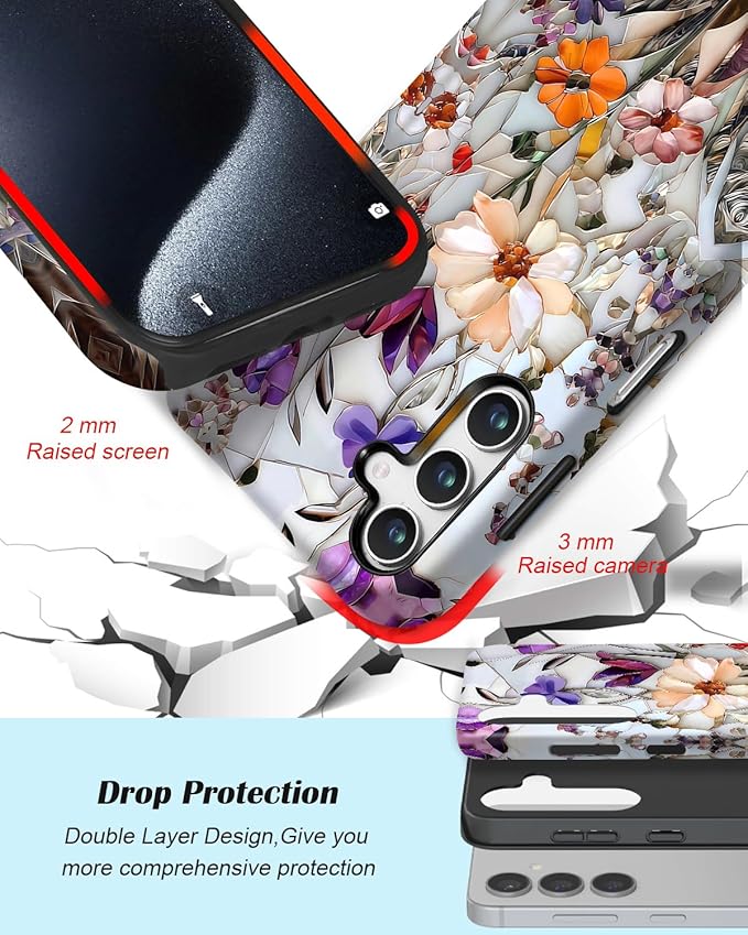 Compatible for Samsung Galaxy A17 5G Case, Dual Layer Heavy Duty 2 in 1 Shockproof Protective Phone Case,Marble Pressed Flowers