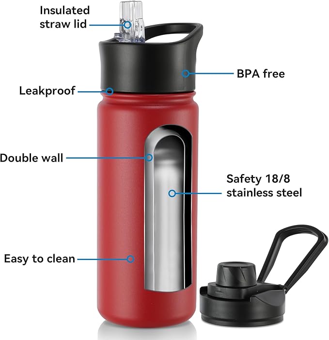 16 oz Insulated Water Bottle with Straw Lids, Stainless Steel Kids Water Bottles for School, Double Wall Vacuum Metal Water Bottle with Straw & Wide Mouth Lid, Red 8 Pack