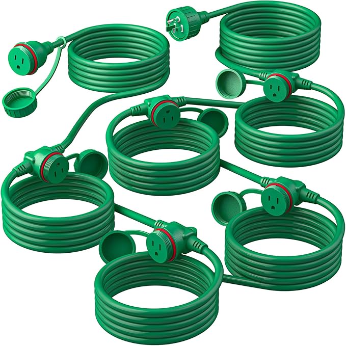 50FT Green Outdoor Extension Cord, Evenly Spaced 6 Outlets Plugs with Waterproof Cover, 16/3 SJTW Weatherproof Multiple Outlets Wire for Holiday Light and Halloween Christmas Decoration, ETL Listed