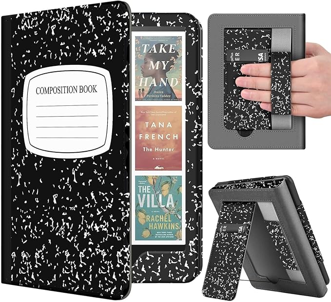 TNP Stand Case for Kindle Paperwhite 12th Generation 2024 / Kindle Colorsoft Signature Edition with Hand Strap - 7" PU Leather Protective Folio Cover with Auto Wake/Sleep, Composition Book Black