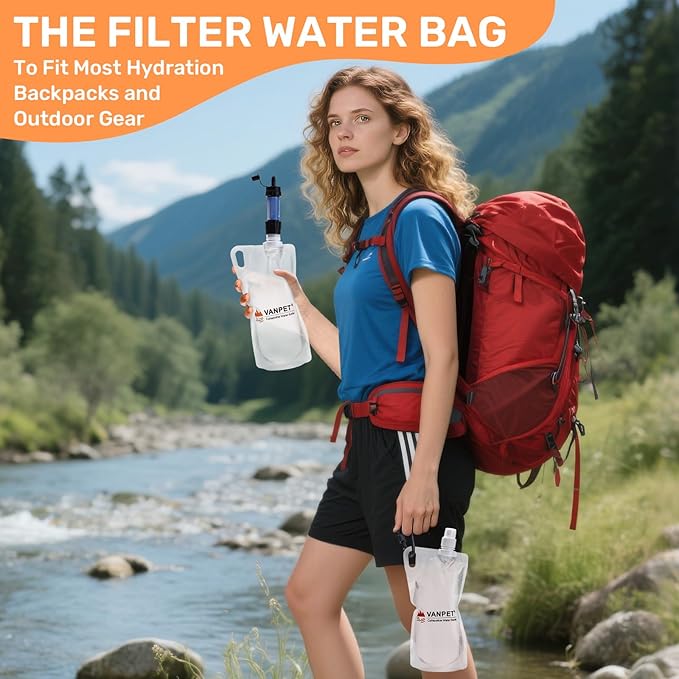 VANPET 1L Hiking Collapsible Water Bottles, 33OZ BPA-Free Plastic Flasks, Reusable Drink Bags, Foldable Backpacking Water Bottle for Travel Camping Hiking (2-Pack)