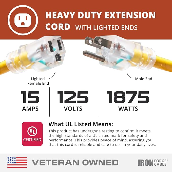 IRON FORGE CABLE 25 ft Lighted Outdoor Extension Cord - 12/3 SJTW Heavy Duty Yellow Extension Cable Extension Cable with 3 Prong Grounded Plug for Safety, 15AMP -Great for Garden and Major Appliances