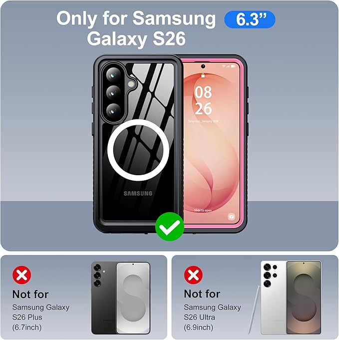 ANTSHARE for Samsung Galaxy S26 Case Waterproof, Built-in Lens & Screen Protector, [Compatible with MagSafe] Shockproof Dropproof Dustproof Full Body Phone Case for S26 6.3"-Pink/Clear