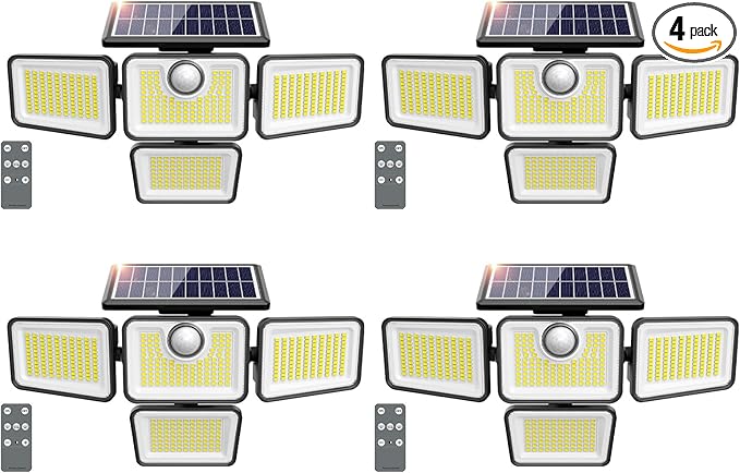 4500LM Solar Lights Outdoor, 4 Adjustable Heads Motion Sensor Lights, 3 Modes, 6500K, IP65 Waterproof Solar Security Wall Lights, Remote Control Flood Lights, Garden, Outside, Backyard, 4 Pack