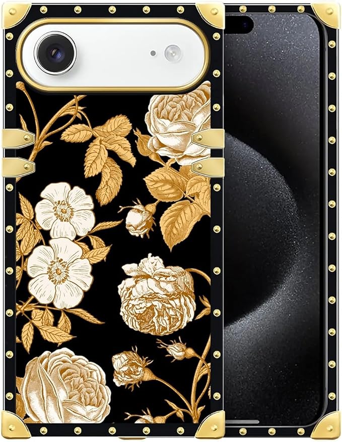 for iPhone 17 Air Case Luxury Golden Decoration for Girl Women Soft TPU Shockproof Protective Hard PC Back for iPhone 17 Air Crazy Pattern Blooming Rose Golden Flower