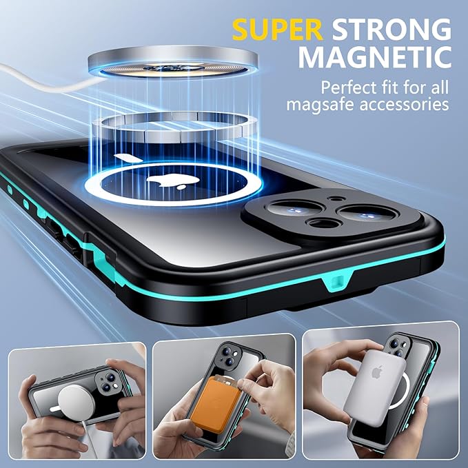 Red2Fire for iPhone 15 Case Waterproof, [Built-in Screen Protector & Camera Protector][Compatible with MagSafe][Full Body Shockproof][IP68 Waterproof][Dustproof] Phone Case 6.1" Blue/Clear