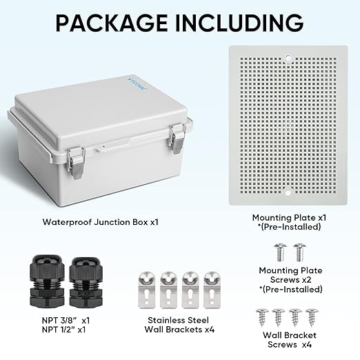 TICONN Outdoor Electrical Box Waterproof, Junction Box IP67 ABS Plastic Enclosure with Hinged Cover with Mounting Plate, Wall Brackets, Cable Glands (Off-White, 8.7"x6.7"x4.3")