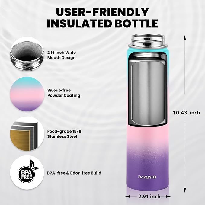 RAYMYLO Insulated Water Bottle 24oz, Triple Wall Vacuum Stainless Steel (Cold for 24Hrs, Hot for 12Hrs), Leak Proof & Non-BPA, 24oz Hydro Water Flask with Paracord Handle & Straw Spout Lids