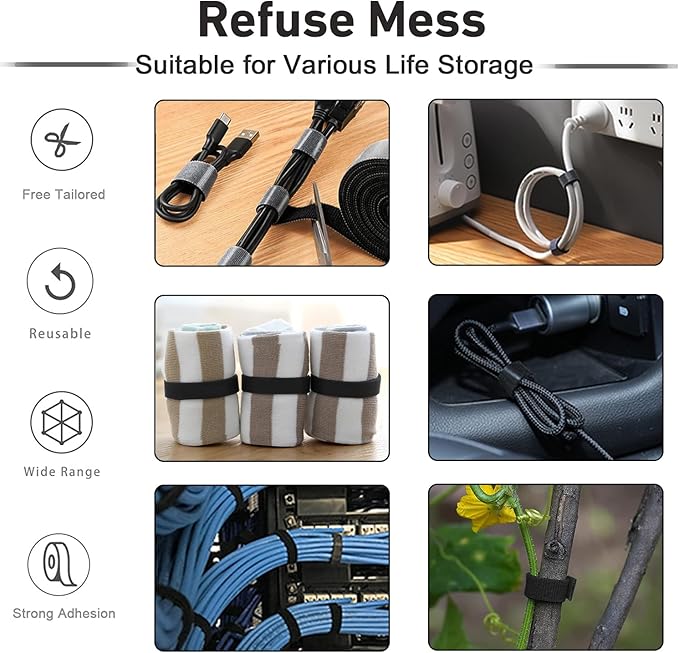 100ft x1/2 in Hook and Loop Roll, Hitotsu Reusable Fastening Tape Cable Ties, Self-Gripping Multi-Purpose Wrap Fasteners for Cord Manage,Home, Office, Electrical Cords, Data Center, Black