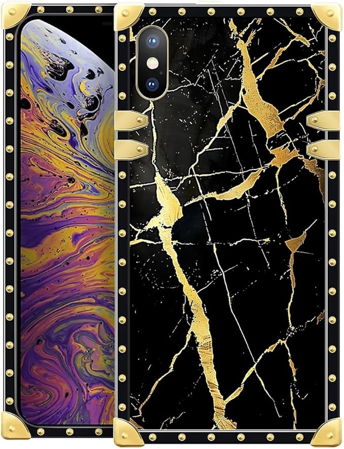 Compatible with iPhone XR Case, Black Gold Marble Nature Luxury Golden Decoration for Girl Women Soft TPU Shockproof Protective Hard PC Back for iPhone XR