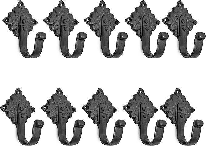 Mystic Colonial Rustic Cast Iron Wall Hooks Heavy Duty Vintage Utility Hooks for Hanging Coats, Towels, Bags, Robes, Hats & More Decorative Wall Mount Hooks, Pack of 10