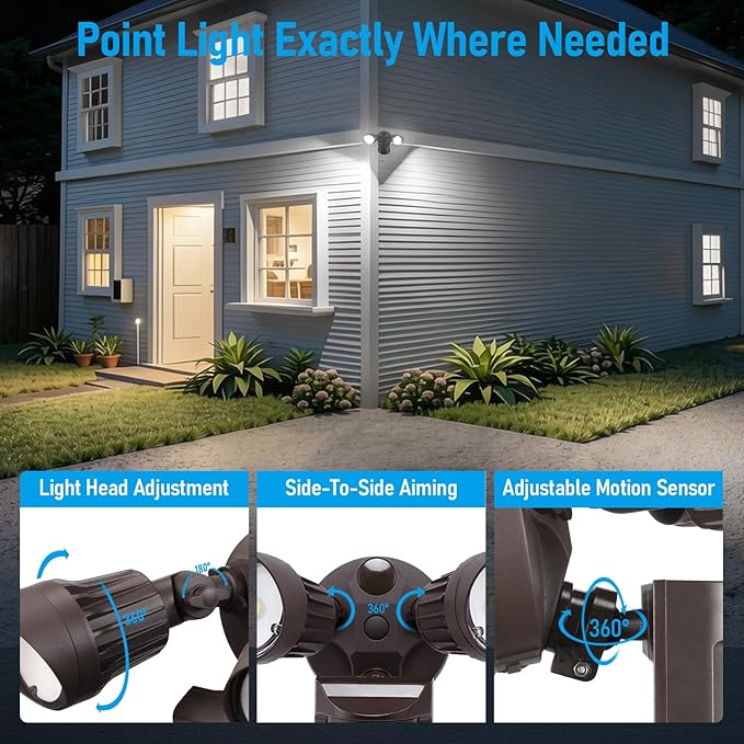 LEONLITE COB LED Security Light, Motion Sensor Outdoor Lights, Dusk to Dawn, 100-277V, ETL Listed, Adjustable Heads, Motion Detector Flood Light, Aluminum, IP65 Waterproof, 5000K Daylight, Bronze