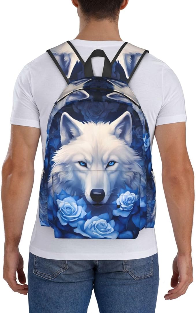 cfpolar 17 Inch Backpack Blue Rose Wolf Laptop Bag Shoulder Bag School Bookbag Casual Daypack For Boys Girls