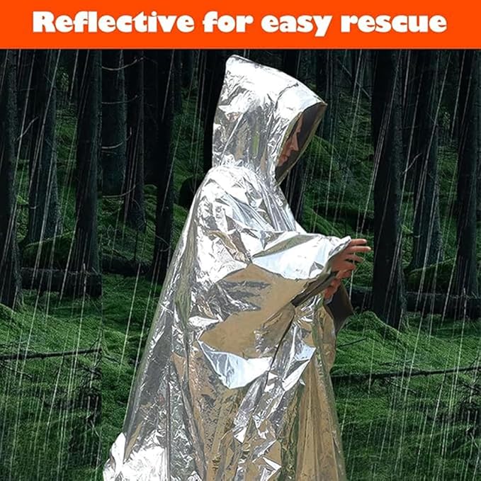 Emergency Survival Poncho (4pc) Thermal Mylar Foil Coating Blanket for Heat Retention and Rain | Reversible with Hood | Waterproof, Windproof, Portable | Green | 100x130cm