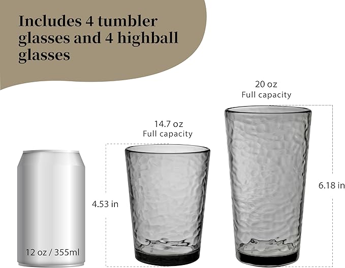 KLIFA- NICE- 14.7 & 20 ounce, Set of 8, Acrylic Tumbler & Highball Drinking Glasses, BPA-Free, Stackable Plastic Drinkware, Dishwasher Safe Cups, Gray
