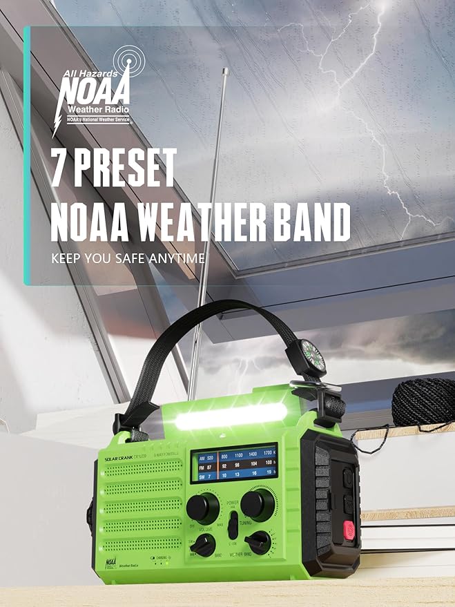 Emergency Radio with NOAA Weather Alert – Solar Hand Crank Portable AM/FM Shortwave Radio, Rechargeable Battery 5000mAh, USB Charger, Flashlight, SOS Alarm for Home Outdoor Hurricane Survival