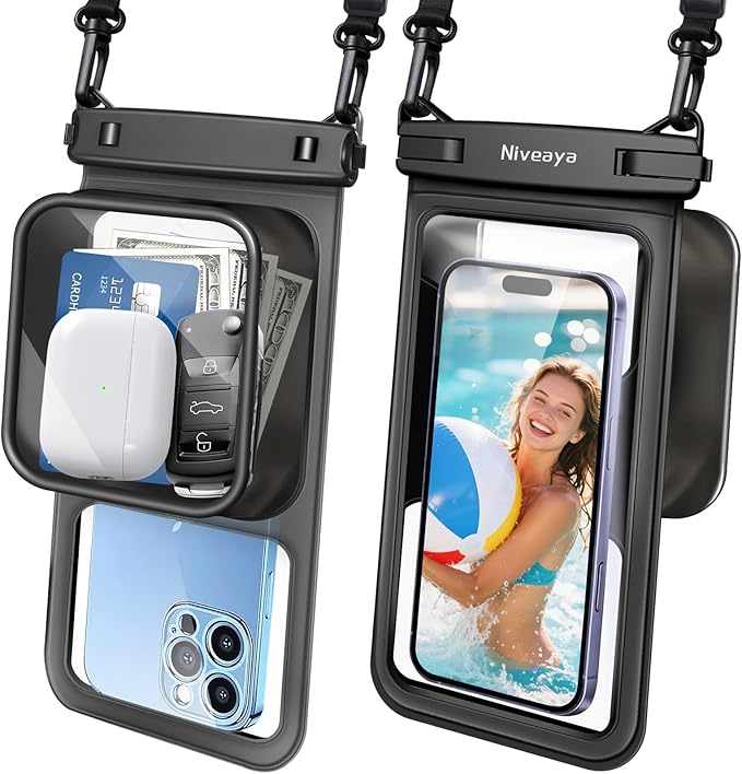 Niveaya [Floatable Floating Waterproof Phone Pouch 2 Pack-Up to 8.5", Large Space Adjustable Neck Lanyard Waterproof Phone Case, Phone Dry Bags for Vacation Beach Pool Kayak Cruise Travel Essentials