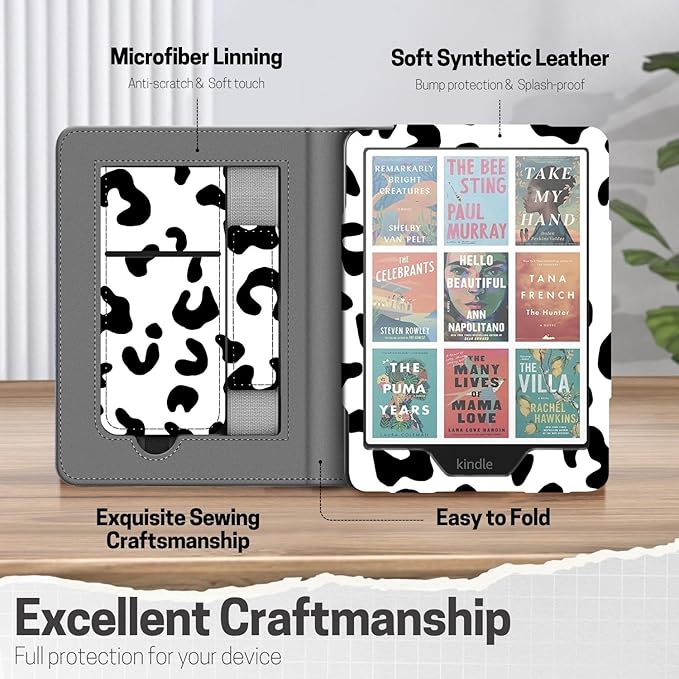 TNP Stand Case for Kindle Paperwhite 12th Generation 2024 / Kindle Colorsoft Signature Edition with Hand Strap & Card Slot - 7" PU Leather Protective Folio Cover with Auto Wake/Sleep, Cow Print