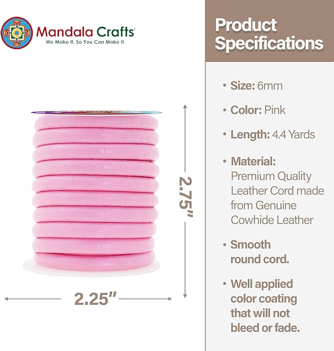 Mandala Crafts Round Genuine Pink Leather Cord for Jewelry Making – 6mm Cowhide Leather Rope String Lace for Kumihimo – 4.4 Yards Cowhide Craft Cording Spool