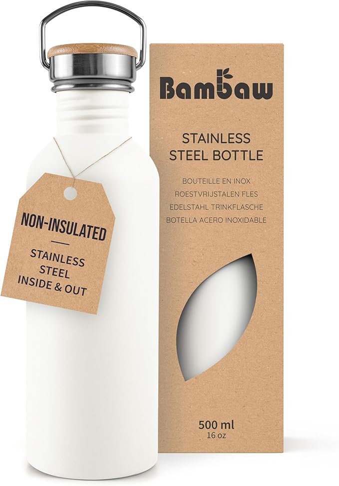 Bambaw 500 ml Stainless Steel Water Bottle, White Water Bottle, Non-Insulated Sports Stainless Steel Children's Bottle, Reusable – Polar White