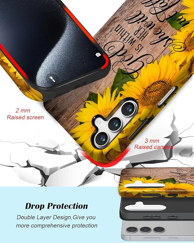 Compatible for Samsung Galaxy S25 5G Case, Dual Layer Heavy Duty 2 in 1 Shockproof Protective Phone Case,Bible Verses Psalm 46:5 Wood and Sunflower