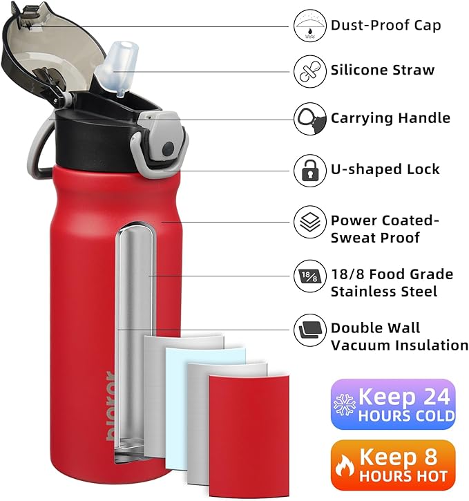 BJPKPK 18oz Insulated Water Bottle with Straw Stainless Steel Double Wall Water Bottles BPA Free Leak Proof Thermal Flask with Lockable Flip Lid and Soft Silicone Spout,Red