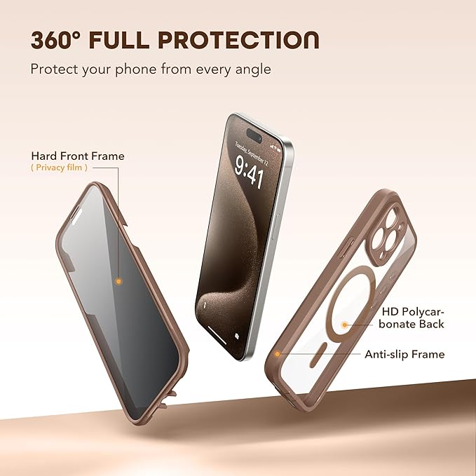 TIESZEN for iPhone 15 Pro Max Case, Compatible with MagSafe, Built-in Privacy Screen Protector and Camera Protection, Anti Spy Full Body Dustproof Shockproof Hard Phone Case 6.7", Brown