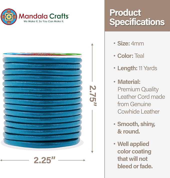 Mandala Crafts Round Genuine Teal Leather Cord for Jewelry Making – 4mm Cowhide Leather Rope String Lace for Kumihimo – 11 Yards Cowhide Craft Cording Spool