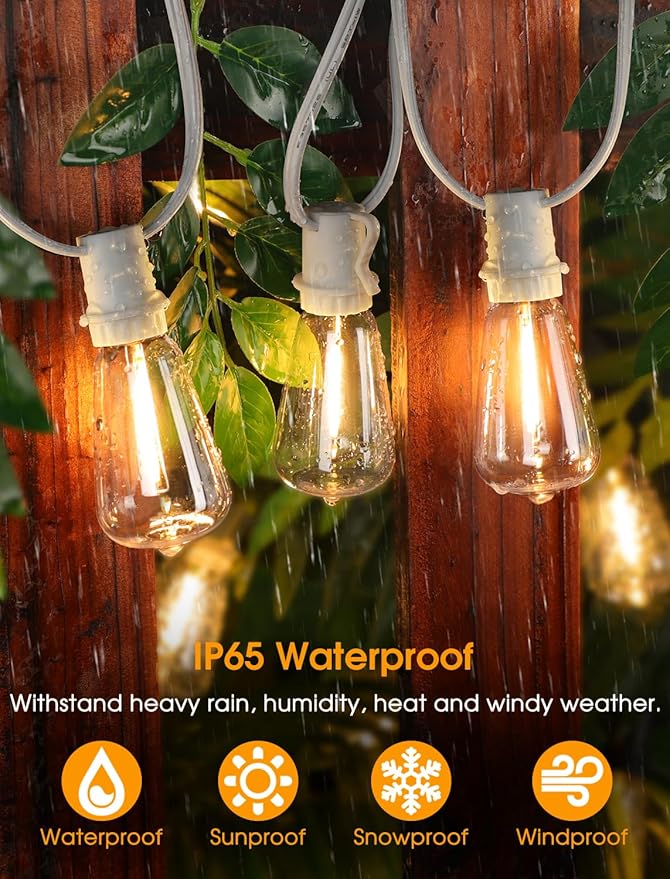 Larkvue 50FT(2x25FT) Outdoor String Lights, Patio Lights with 20+2 LED Dimmable Waterproof ST38 Vintage Bulbs for Wedding Garden Party Decor, White