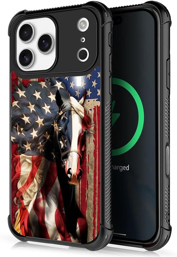 for iPhone 17 Pro Max Case,for MagSafe Graphic Design for Girl Boy Soft Silicone Hard Acrylic Shock Protection Designed for iPhone 17 Pro Max Red American Flag Horse Cross Pattern
