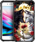 for iPhone 7/8 Case, Black White Wolf Moon Flower Rose Pattern Made of Soft Silicone Hard Acrylic Shock Protection for iPhone 7/8