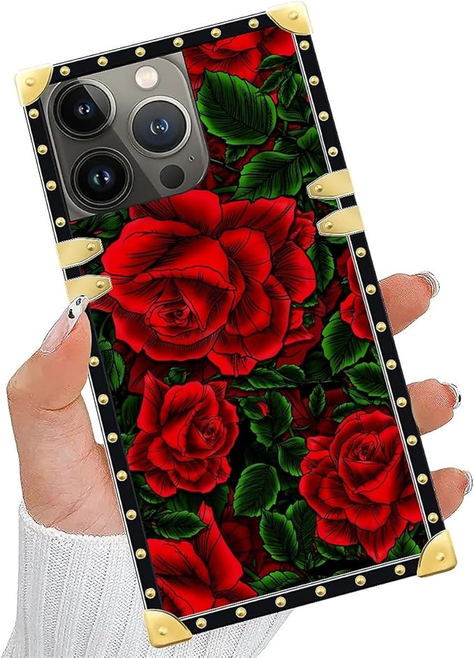 Compatible with iPhone 13 Pro Case, Vector Red Rose Green Leaf Luxury Golden Decoration for Girl Women Soft TPU Shockproof Protective Hard PC Back for iPhone 13 Pro